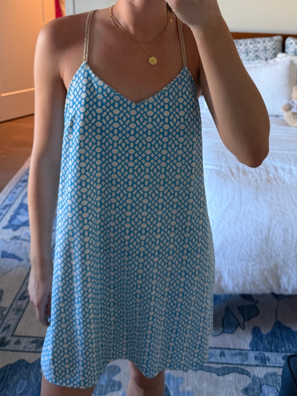 Jude Connally Turquoise & White Geometric Slip Dress